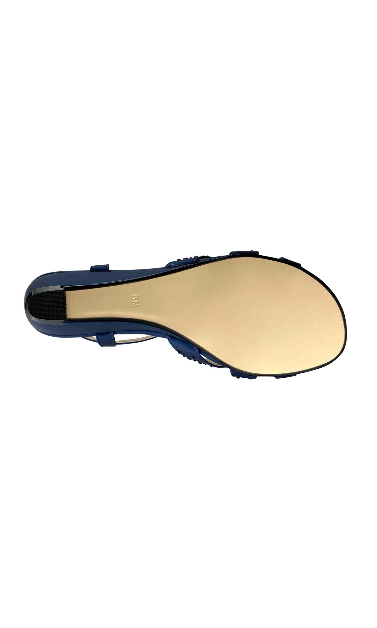The Lena Navy Blue Wedge Prom Shoes: Touch Ups 4378 are flat, vegan leather sandals in navy blue, shown from the bottom to highlight their smooth beige sole and low heel.